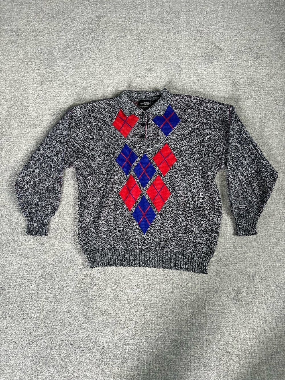 Vintage 80’s Mister Noah Argyle Knit Sweater with Red & Blue Diamonds Sz. XL